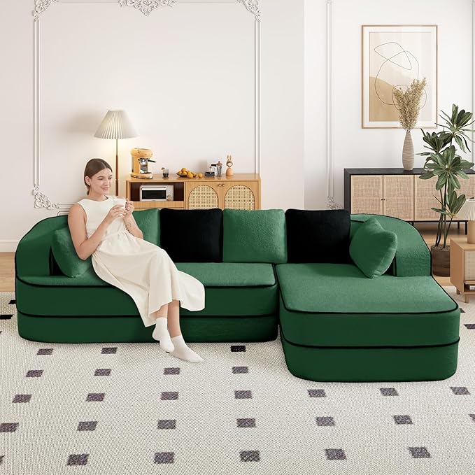 Cloud Sectional Sofa Modern Boneless Couch for Living Room, Comfy Deep Seat Comfy Teddy Fabric Double Sofa Chaise No Assembly Required (Green, 106" L Shape with Right Facing)