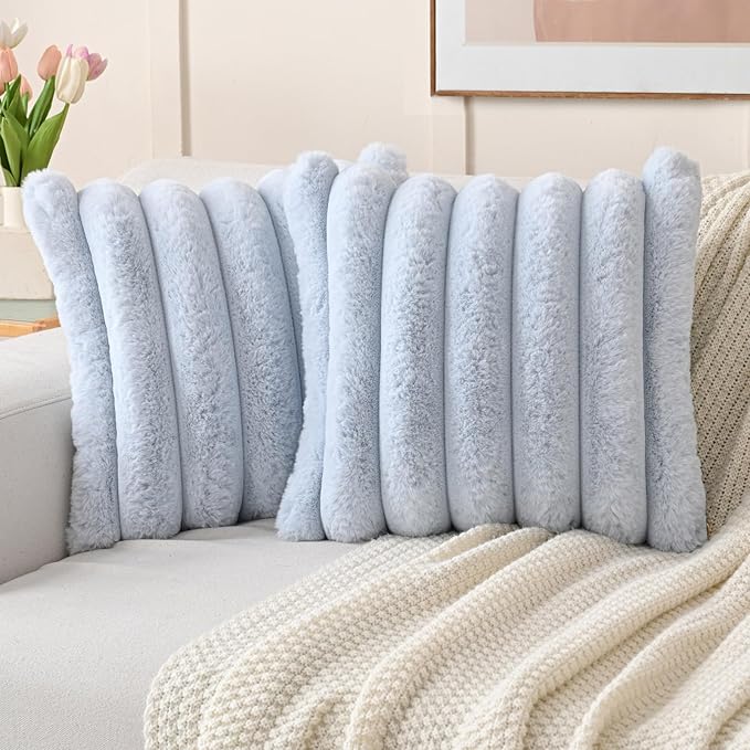 FUTEI Light Blue Decorative Throw Pillow Covers 24x24 Inch Set of 2, Square Soft Faux Rabbit Fur Thick Striped European Cushion Covers,Winter Home Decor for Couch Bed Living Room