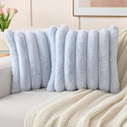 FUTEI Light Blue Decorative Throw Pillow Covers 26x26 Inch Set of 2, Square Soft Faux Rabbit Fur Thick Striped Euro Pillow Shams,Winter Home Decor for Couch Bed Living Room