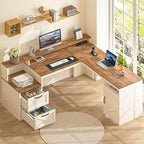 63" Farmhouse L Shaped Executive Desk with Drawers & Storage Shelf, Corner Computer Desk with Power Outlets, L Shaped Office Desk with Monitor Stand, Printer Shelf, Antique White