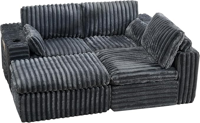 114" Cloud Boneless Sectional Couches for Living Room, Modular Sectional Sofa with Cup Holder, Cozy Fluffy L Shaped Deep Seat Couch with Storage Pocket, No Assembly Required, Dark Grey