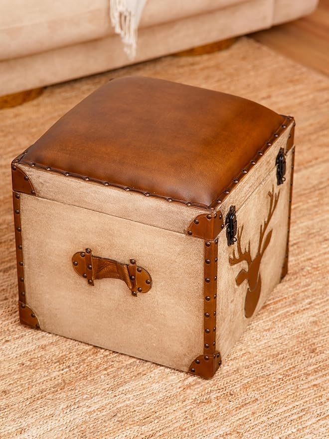 Handmade Eco-Friendly Solid Handmade Buffalo Leather Brown Square Pouf (20"x20"x21") BBH Homes