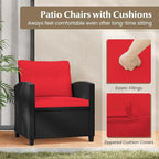 Tangkula 3 Pieces Patio Furniture Set, Rattan Conversation Set w/Soft Seat & Back Cushions, Tempered Glass Topped Coffee Table, Cushioned Wicker Seating for Backyard, Porch, Poolside (Red)
