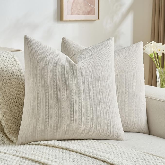 FUTEI Beige Decorative Throw Pillow Covers 16x16 Inch Set of 2,Soft Cozy Wheat Ear Striped Patterns Cushion Cases,Modern Home Decor for Couch Bed Living Room