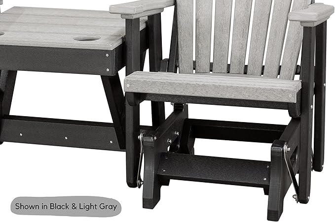 DutchCrafters Slat Fan Back Double Poly Adirondack Glider Outdoor Patio Chairs with Center Table (Black & Weatherwood)