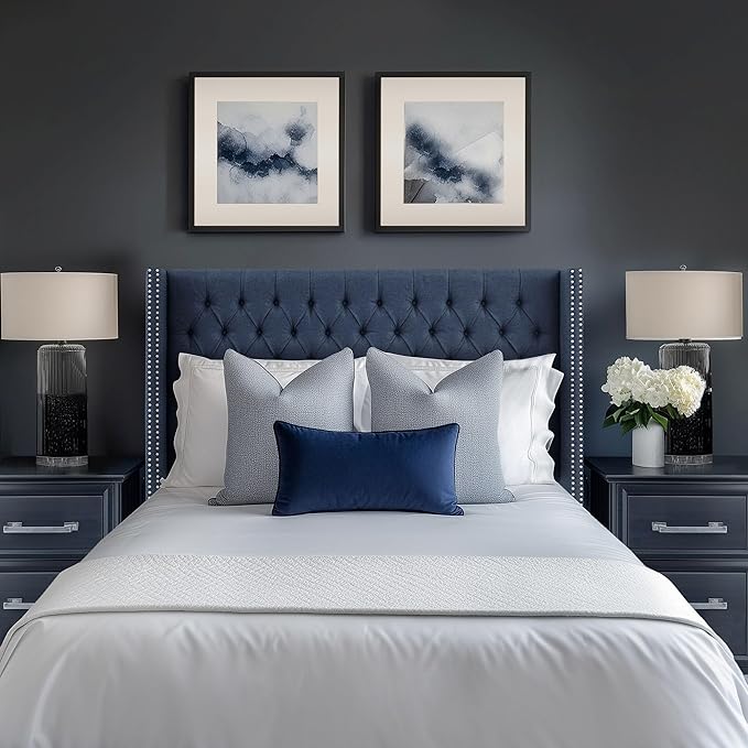 Madison Park King Button Tufted Headboard, Adjustable Upholstered Wingback Headboard, Nailhead Trim, Wooden Frame, Black Metal Legs, Flush Flat Back, Vintage Bedroom Décor - Navy Amelia