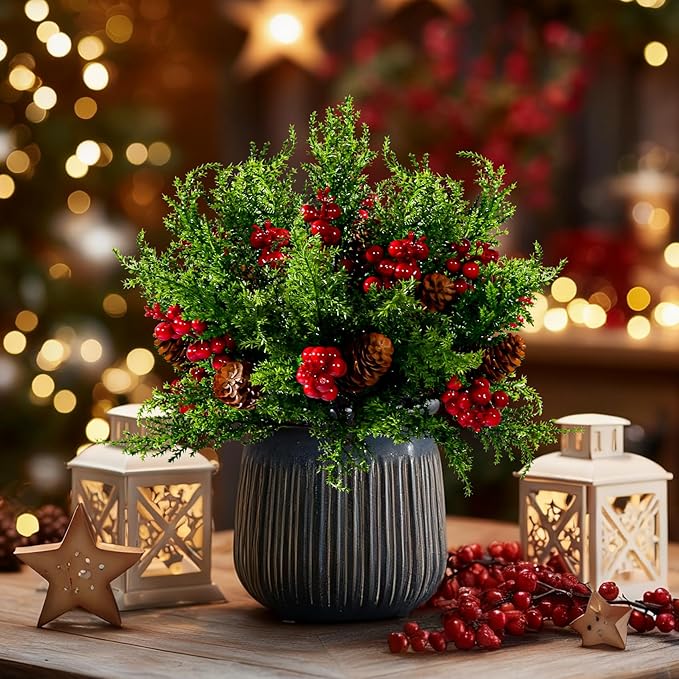 8PCS Artificial Pine Branches with Red Berry Pine Cones Artificial Needles Branches Greenery Stems Fake Greenery Floral Arrangements