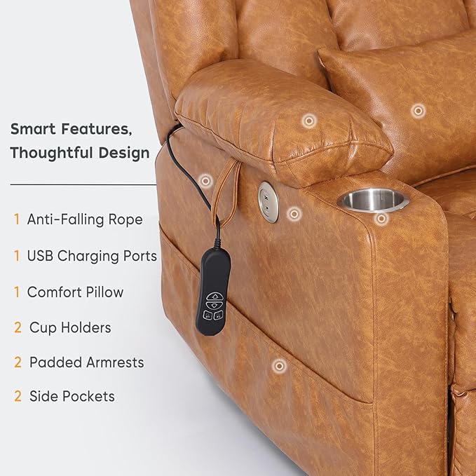 ABCASA Oversized Zero Gravity Power Lift Recliner Chair, 24.8''Wide Dual Motor Recliner for Elderly, Heat & Massage, USB & Type-C Ports, Cup Holders, Extended Footrest, PU Leather, Orange Brown