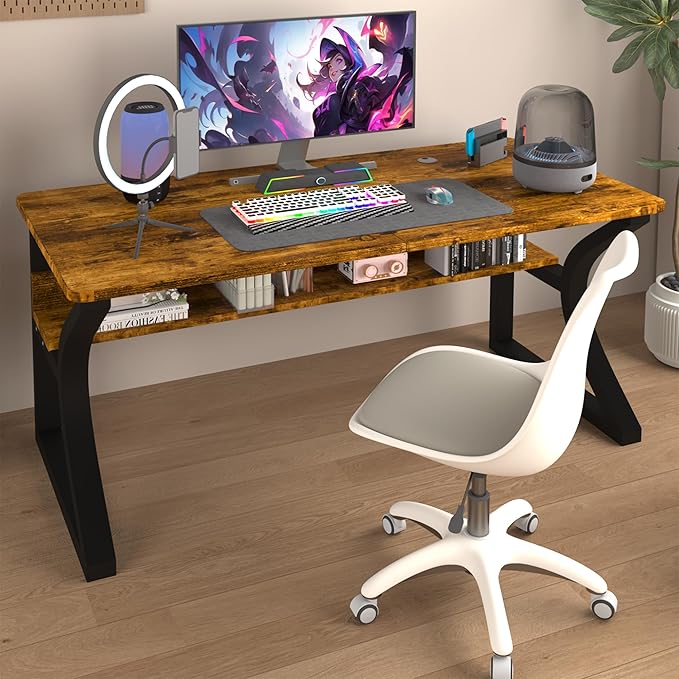 StarGraph Computer Desk 55'' Large Home Office Desk with Sturdy Metal Frame U Shaped Modern Computer Desks with Storage Study Writing Office Work from Home Desks (Rustic Brown, 55 inch)