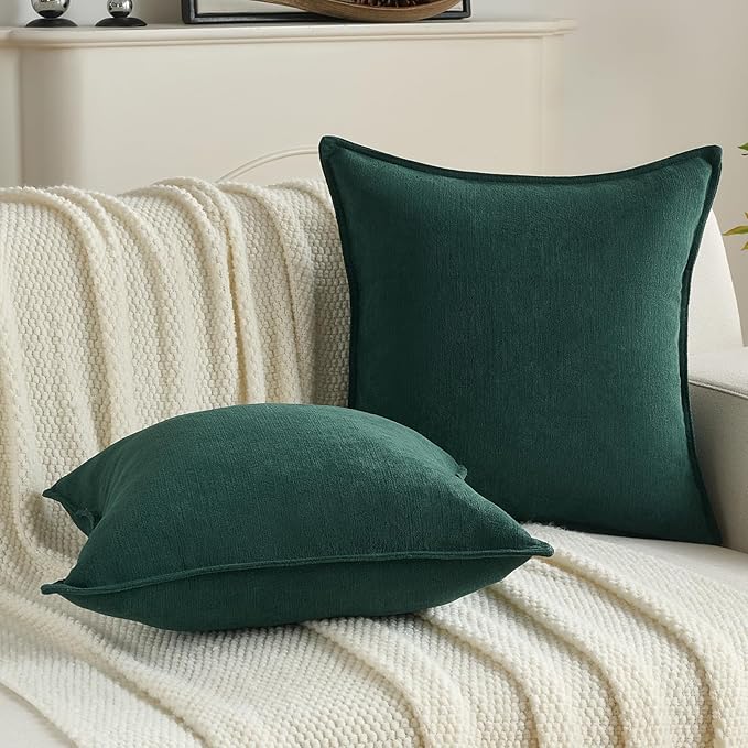 FUTEI Christmas Dark Green Chenille Throw Pillow Covers 18x18 Inch Set of 2,Edges Double-Stitched Cushion Cases,Modern Home Decor for Couch Living Room