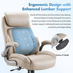 COLAMY Office Ergonomic Desk High Back Executive Chair with Pop-Out Lumbar Support, Upgraded Casters, Adjustable Headrest, Flip-Up Arms, Leather Home with Thick Cushion for Comfort - Khaki