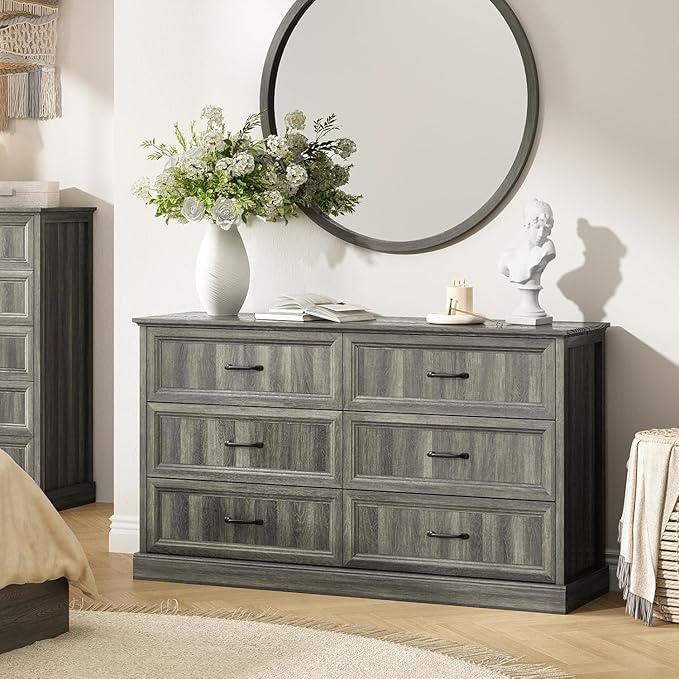 CARPETNAL Farmhouse Dresser and Nightstand Sets for Bedroom, 4 Pcs Bedroom Set, 5 Drawer & 6 Drawer Dresser and Nightstand Set of 2, Wood Chest of Drawers for Living Room, Entryway, Grey