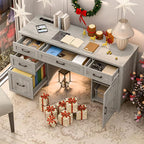 Vabches Farmhouse 61'' Executive Desk with 5 Drawers, Rustic Office Desk Computer Desks with Charging Station, File Drawers and Storage Cabinet, Wood Workstation for Study and Home Office,(Grey).