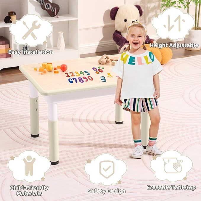Toddler Table, 7 Level Height Adjustable Kids Play Furniture for Ages 3-8, Rectangular Plastic, 23.6" W x31.5 L, Multi-Activity Desk with Graffiti Desktop for Home & Daycare