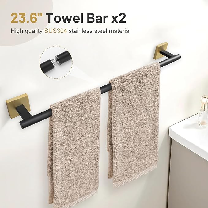 10 Pieces Black Gold Towel Bar Set, 23.6 Inch Bathroom Accessories Set SUS304 Stainless Steel Bathroom Hardware Set Towel Racks for Bathroom Wall Mounted.