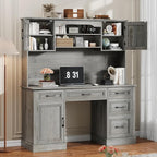 67" H Farmhouse Executive Desk with Hutch. Wood Workstation with 5 Drawers, Storage Cabinet, File Drawers and Charging Station, Ideal as Office Desks, Computer Desk for Home Office and Study.Gray