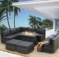 NICESOUL 10 Piece Contemporary Patio Furniture Set with Firepit Table Natural Gas/Propane, 29.3'' High Backrest Outdoor Sofa Conversations, 9 Seats Deep Wide Seating Wicker Sectionals, Dark Gray