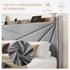 SHA CERLIN King Size Bed Frame with 3 Drawers, USB & Type-C Charging Ports, Velvet Upholstered Platform Bed with Modern Geometric Wingback Storage Headboard, No Box Spring Needed, Easy Assembly, Grey