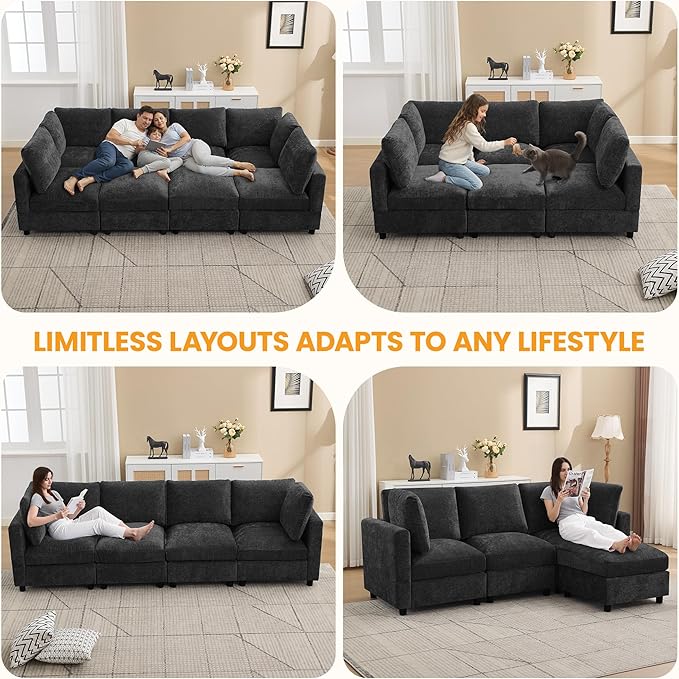 Modular Sectional Cloud Sofa Bed, 6-Seater Convertible Sofa Couch with Ottoman, Modern Deep Seat Sleeper Sofa for Living Room, Chenille Dark Grey