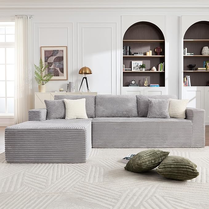 108" Boneless Couches for Living Room, Modular Sectional Sofa with Oversized Chaise, L-Shape Cloud Couch with Deep Seat, High-Density Memory Foam, No Assembly Required, Plush Corduroy Grey