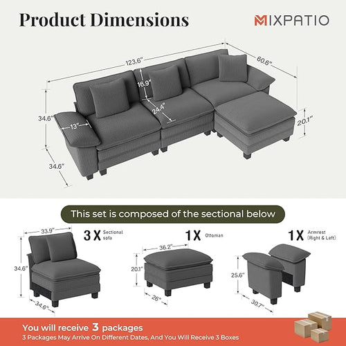 123-Inch L Shaped Sectional Sofa with Cloud Cushions, Deep Seat Modular Couch Set w/ 4 Seats & 1 Ottomans, Removable Arms, Plush Corduroy Upholstery for Living Room, Apartment - Gray