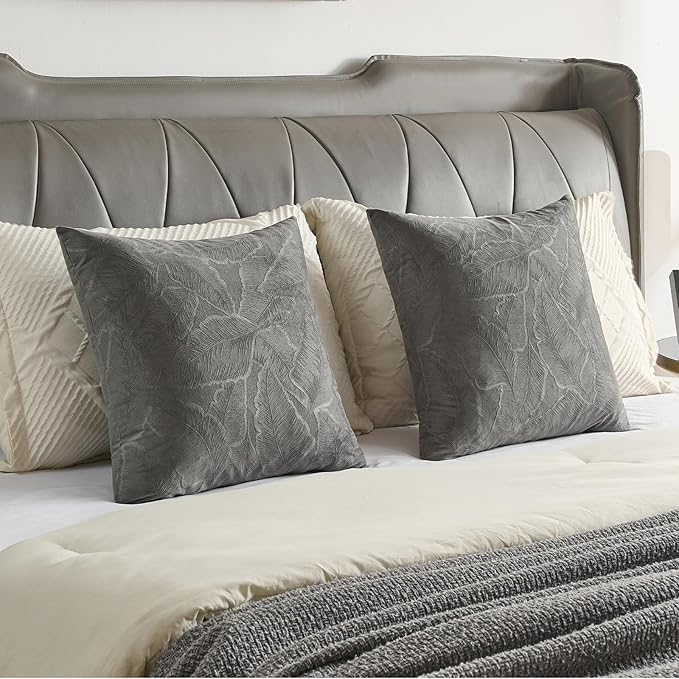 FUTEI Dark Grey Velvet Throw Pillow Covers 26x26 Inch Set of 2,Soft Embossed Leaf-Relief Textured Euro Pillow Shams,Natural Home Decor for Couch Living Room