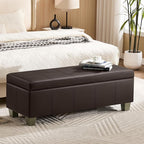 51" Faux Leather Storage Ottoman, Stitch Tufted Rectangle Upholstered End of Bed Storage Bench, Entryway Large Couch Ottoman with Wooden Legs,Brown