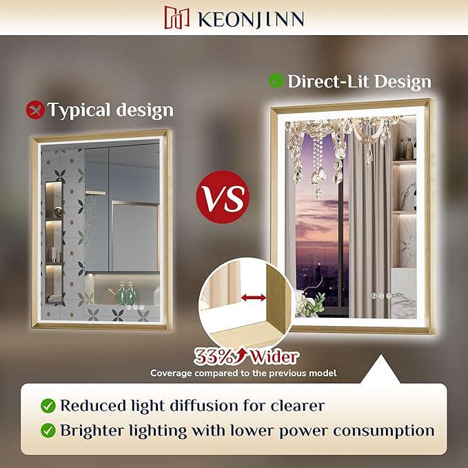 Keonjinn Gold LED Bathroom Mirror 20 x 28 Inch with Frontlit & Backlit, Lighted Mirrors Metal Framed for Wall, Stepless 3 Colors Lights, Anti Fog, Tempered Glass, Brighter and No Dark Corner