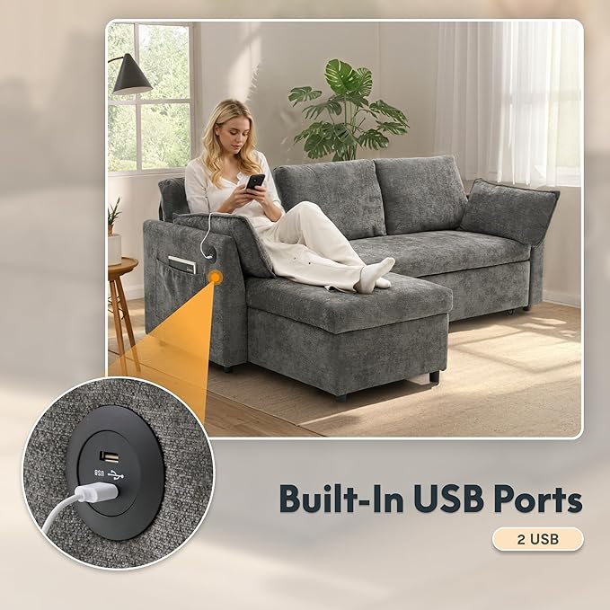 FLEXISPOT XB5 78" Pull Out Couch Bed with Storage Chaise,3-Seater Sectional Sofa Bed with USB Charging Ports, 2-in-1 Convertible Sofa Couch for Living Room Apartment, Easy to Assemble(Gray)