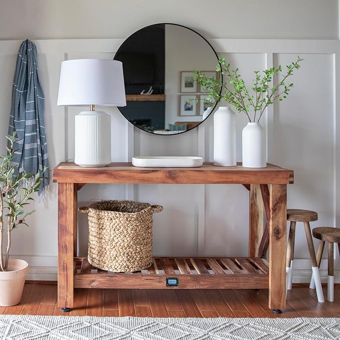 Backyard Discovery 48" Acacia Wood Farmhouse Narrow Console Table with Lower Slat Storage Shelf, Water-Resistant Design for Patio, Deck, Entryway, Living Room, Sofa Table, Indoor or Outdoor Use