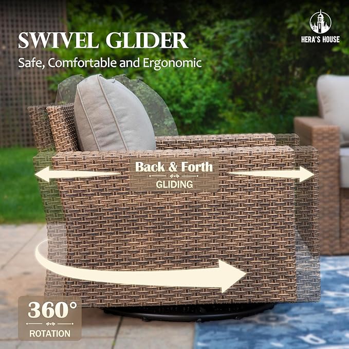 HERA'S HOUSE Swivel Glider Patio Furiture Conversation Set with 4.92" Wide Armrests, Outdoor Wicker Furniture with 5.5" Waterproof Cushions, 6 Pieces Outside Sofa Set for Deck Lawn, Light Grey