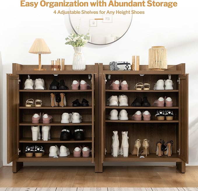 SICOTAS Shoe Cabinet Set of 3, Large Capacity Shoe Storage Organizer Cabinet, Tall Rattan Shoe Cabinet with Doors and Shelves, 6-Tier Farmhouse Boho Wooden Storage Cabinet for Entryway Hallway