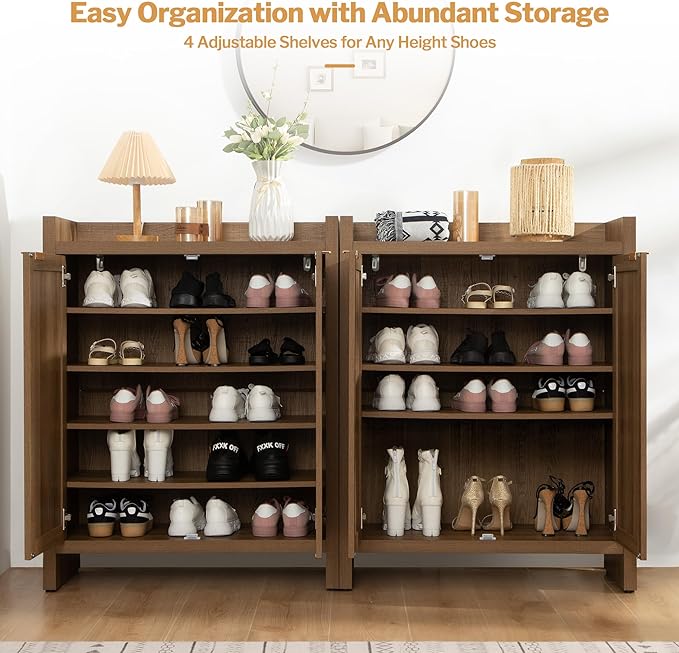 SICOTAS Shoe Cabinet, 24 Pair Shoe Storage Organizer Cabinet, 41" Tall Rattan Shoe Cabinet with Doors and Shelves, 6-Tier Farmhouse Boho Wooden Storage Cabinet for Entryway Hallway Closet