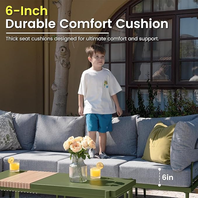 Sundale Outdoor 3 Pieces Patio Furniture Set, Metal Outdoor Sectional Sofa with 6 Inch Olefin Cushion and Coffee Table, All-Weather Modern Outdoor Conversation Sets (Green Frame)