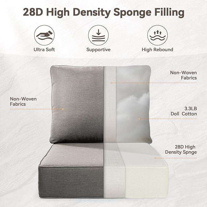 Luxury 6" Outdoor Cushions for Patio Furniture, 24x24x6" Thick Seat Cushion Set of 8, Fade Resistant Couch Chair Replacement Cushions High Density Deep Wicker Chair Cushion w/ Removable Cover Gray