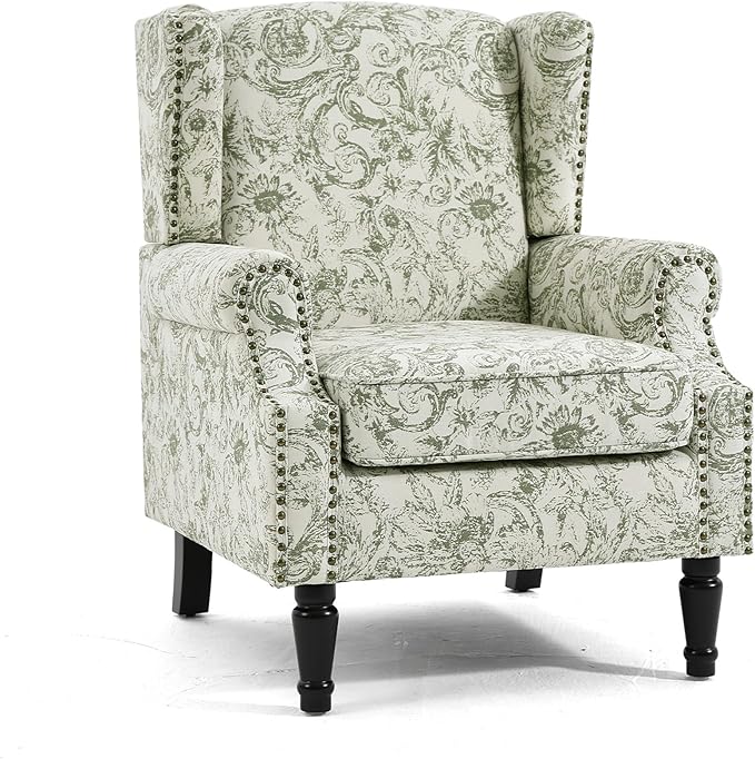 UIXE High Back Accent Chair, Fabric Upholstered Armchair for Living Room, Floral Printed Wingback Arm Chair with Solid Wood Legs, Retro Nailhead Trim Single Sofa Bedroom Reading Seat - Rococo Green