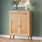 Rattan Storage Cabinet, 2-Door Oak Sideboard with Drawers, Buffet Sideboards with Storage, Elegant Boho Design for Dining Room or Living Room, 1 Drawer for Extra Organization
