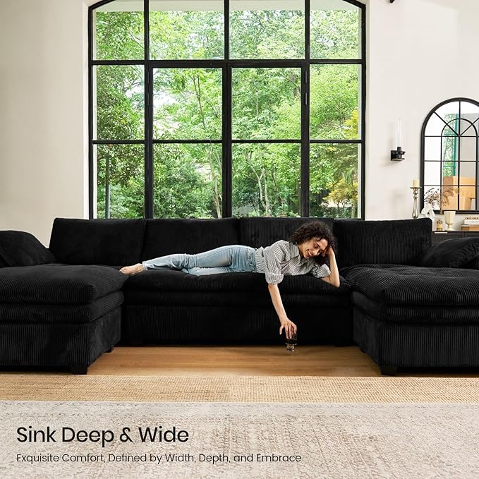 Belffin Large Modular Sectional Sofa with Deep Chaise, 104" Corduroy L Shaped Couch with 9" Soft Dual-Layer Seats Cushion for Living Room, Apartment, Black