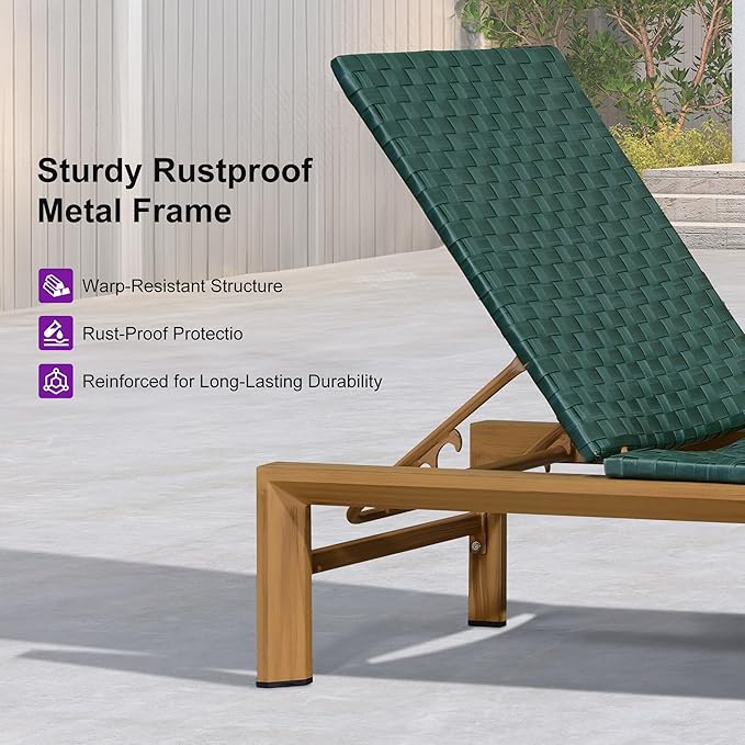 PURPLE LEAF Patio Chaise Lounge Rattan Chair Outdoor Pool Adjustable Recliner Wicker Lounger for Outside Woven Furniture Tanning Poolside Lounger Forest Green