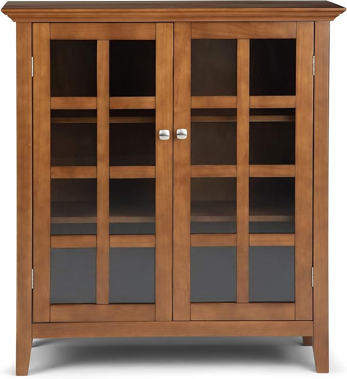 SIMPLIHOME Acadian Storage Cabinet - 39 inch Wide Solid Wood 4-Shelf Display Cabinet in Light Golden Brown, Transitional Cupboard for Living Room or Dining Room with Glass Doors and Adjustable Shelves