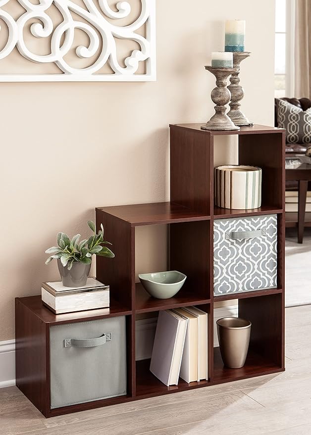 ClosetMaid Cubeicals 3-2-1 Cube Storage Shelf Organizer Bookshelf, 3 Tier, Steps, Corner Unit, Easy Assembly, Wood, Dark Cherry Finish