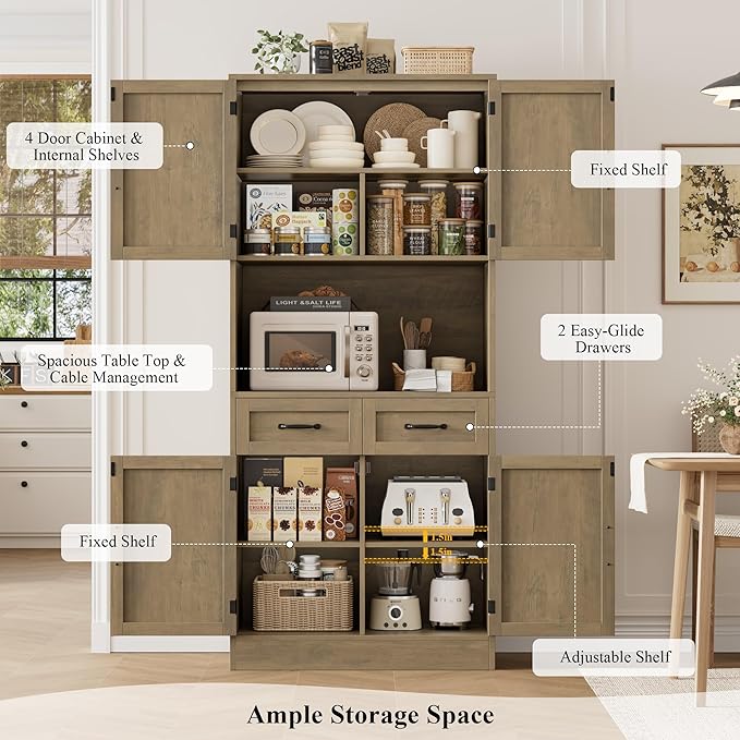 HOSTACK 71“ Tall Kitchen Pantry Storage Cabinet, Modern Kitchen Hutch Bar Cabinet with Microwave Stand, Wood Buffet Sideboard with Hutch, Cupboard with Drawers, Shelves for Dining Room, Rustic Brown
