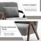 Mid-Century Modern Accent Chair with Solid Wood Frame，Upholstered Chenille Living Room Arm Chairs with Pillow for Bedroom, Living Room, Reading Room, Balcony, Grey