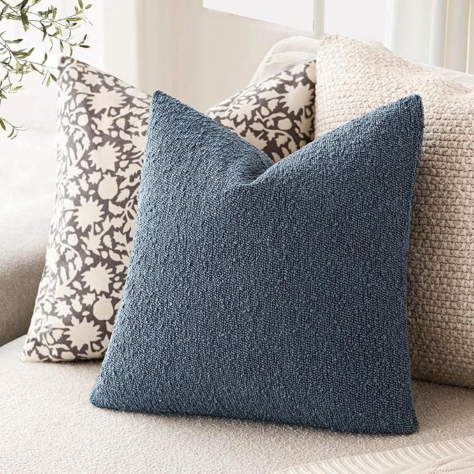 Foindtower Set of 2, Decorative Textured Boucle Throw Pillow Covers Accent Solid Pillow Cases Neutral Couch Cushion Case for Chair Sofa Bedroom Living Room Home Decor 26x26 Inch Dark Blue