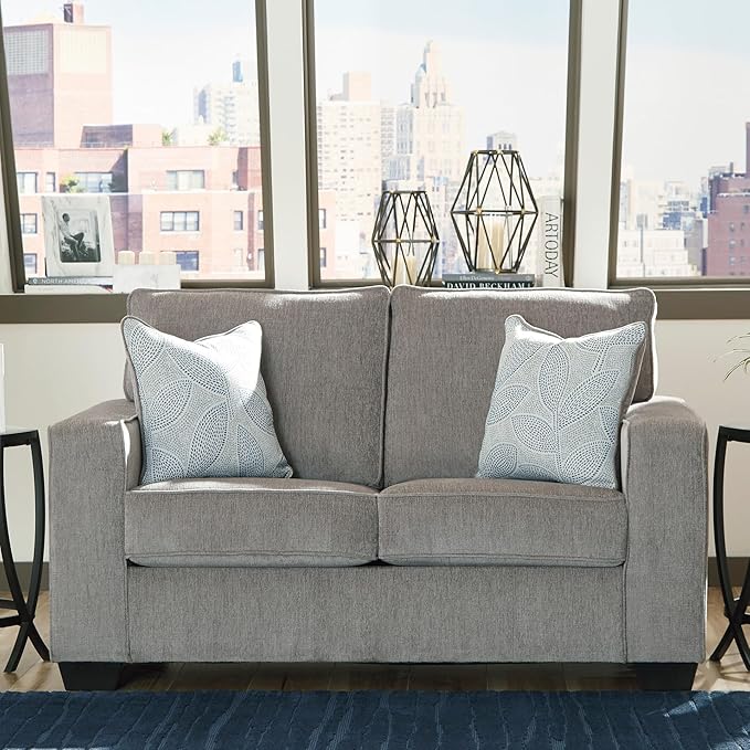 Signature Design by Ashley Altari Modern Loveseat with 2 Accent Pillows, Light Gray