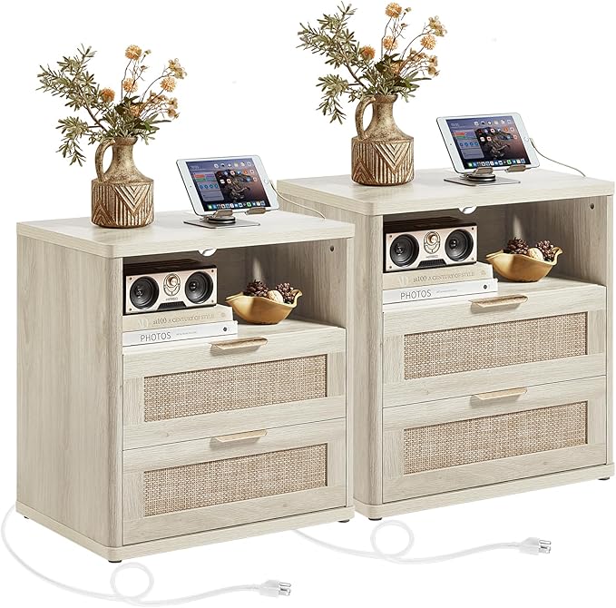 LEYAOYAO Rattan Nightstands Set of 2 with Charger Station, 23" Wide Boho Night Stand with 2 Drawers, Grey White Bedside Table Open Shlef, Bed Side End Table Dresser for Bedroom, Living Room Hallway