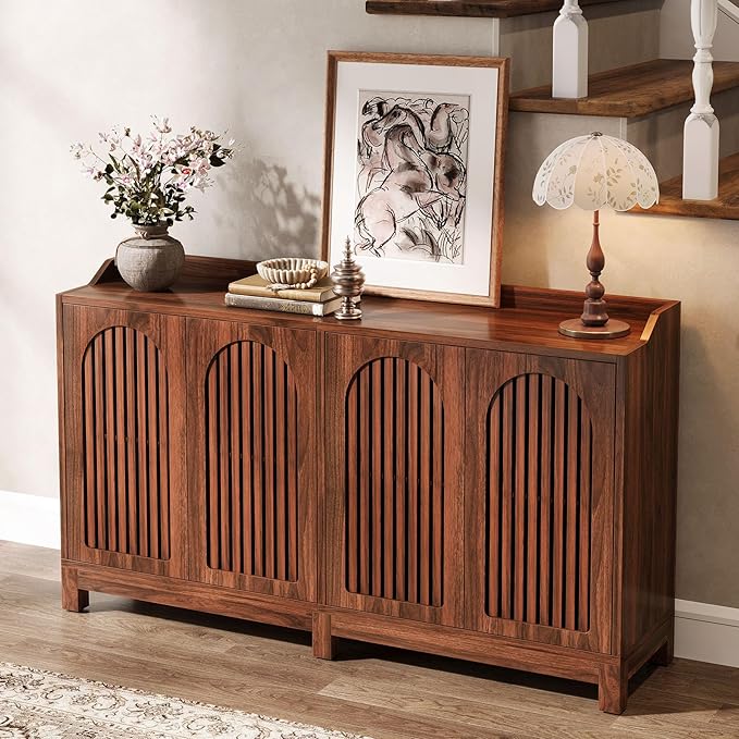 Tribesigns 57" Buffet Cabinet with Storage, Walnut Farmhouse Sideboard Cabinet with Doors & Shelves, Freestanding Wooden Accent Sideboard for Dining Room, Kitchen, Living Room