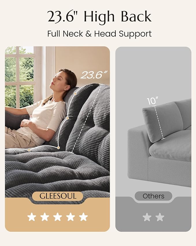 High Back Boneless Couch, U Shaped Cloud Couch with Versatile 2-Pack Pillow Blankets, Corduroy Modular Sectional Sofa with Ottoman, No Assemble Sectional Couches for Living Room, Dark Grey