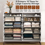 Dresser for Bedroom with 8 Drawers, 55" Large Dresser & Chest of Drawers with Charging Station, Wood Closet Clothes Storage Tall Dressers Organizer for Bedroom Living Room Hallway, White