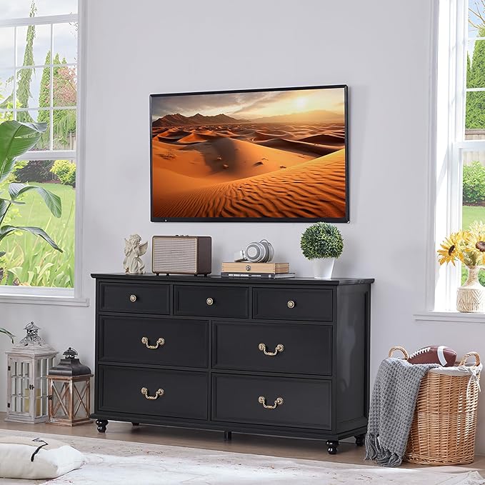 Farmhouse Dresser and Nightstand Sets, Wooden 7 Drawers Dresser & 24" Night Stand with 3 Drawers, 2 Piece Bedroom Furniture Set, Chest of Drawers for Bedroom, Home, Living Room, Hallway